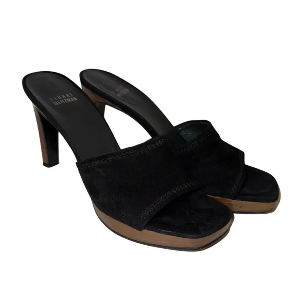 VINTAGE STUART WEITZMAN Platform Sandals 90s Suede Wooden Heel Sandals 8.5